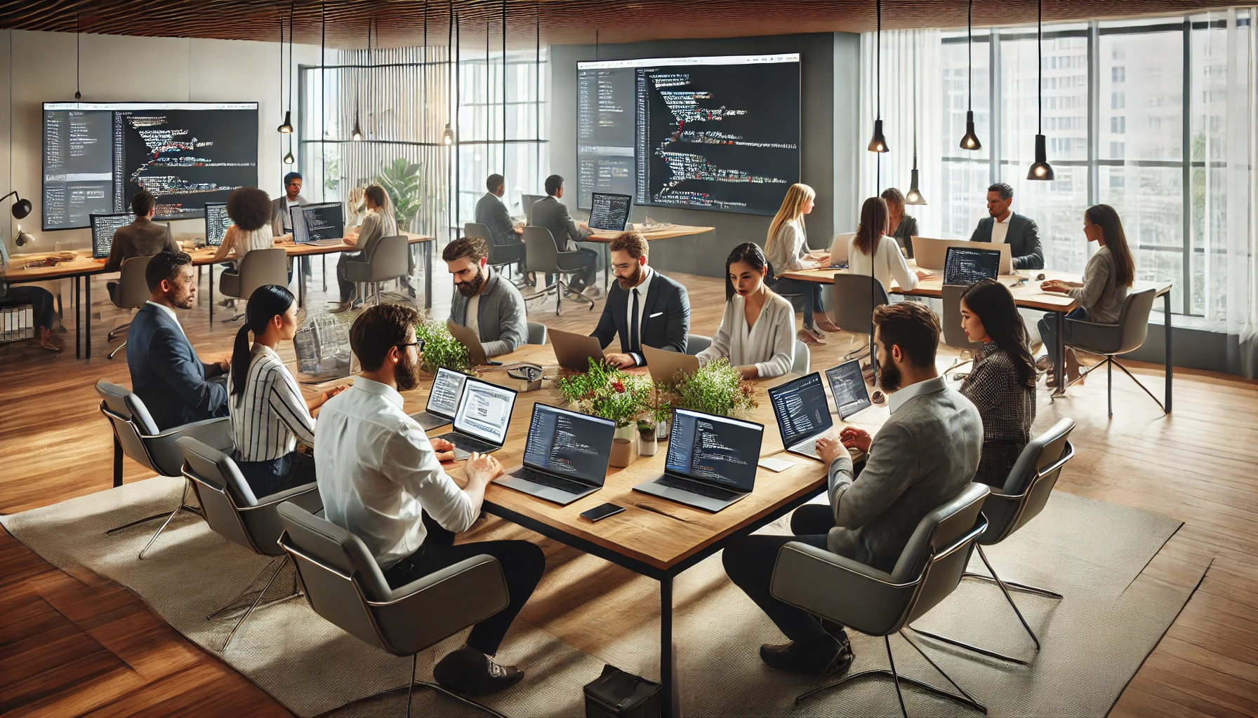 DALL·E 2024-07-02 10.49.17 – A modern office setting featuring a diverse group of professionals around a large table, actively engaged in designing a business website. The scene i