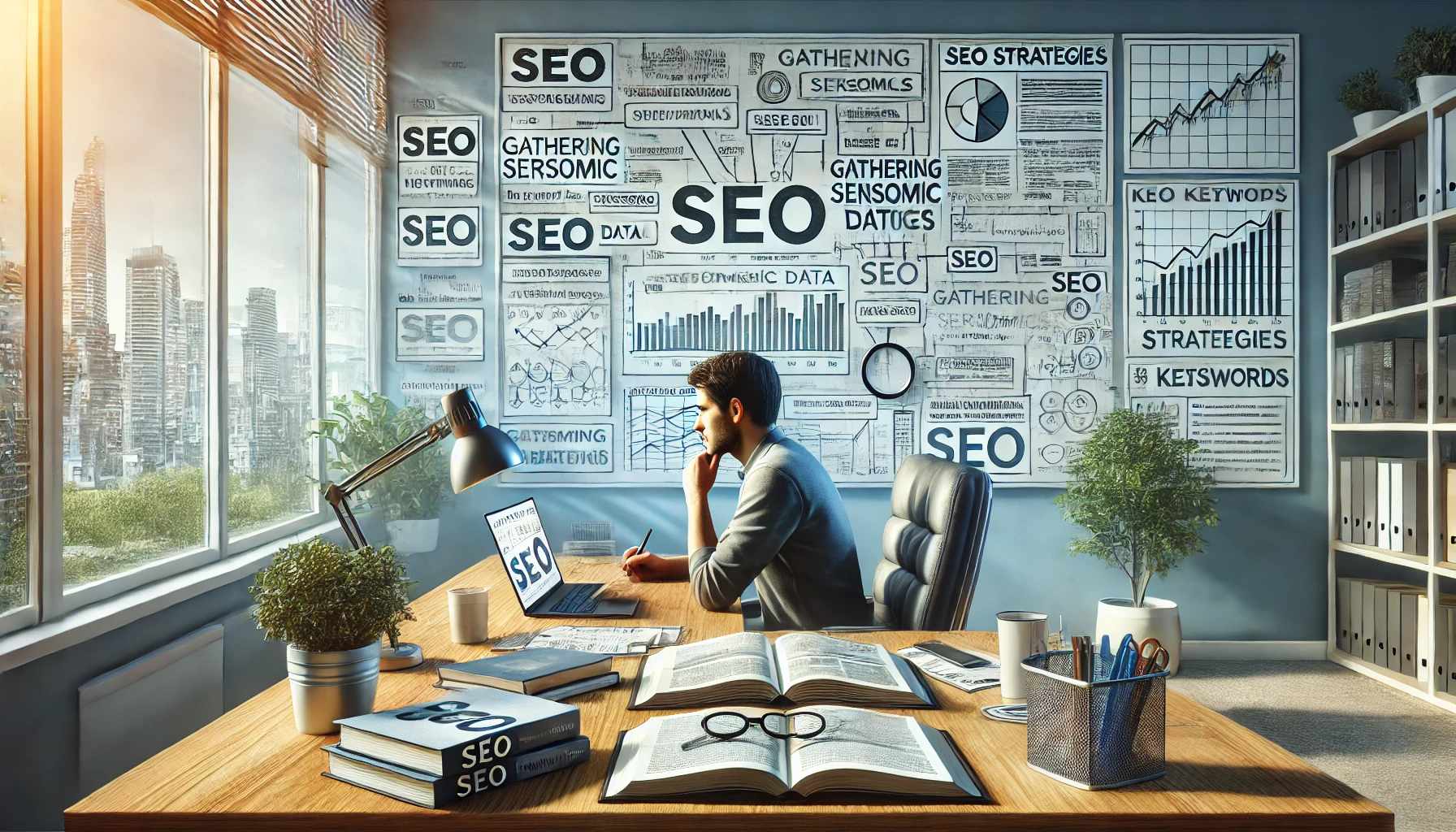 DALL·E 2024-07-08 13.15.48 – A detailed illustration of a person working on SEO, focusing on gathering semantic data. The scene is set in a modern office with a large desk covered